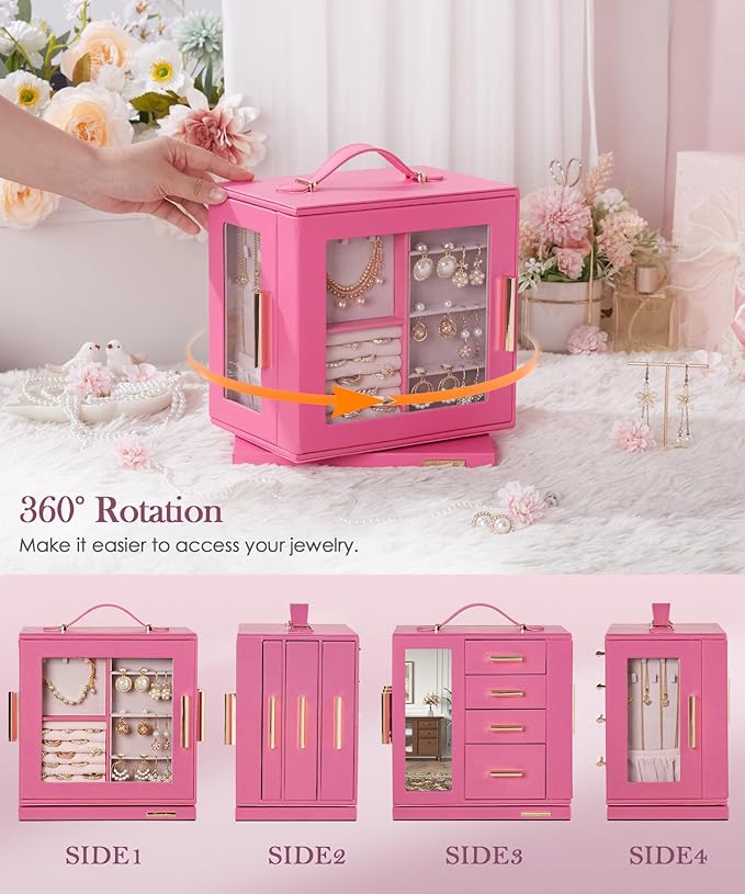 Homde Jewelry Box 360° Rotating, Necklace Earring Organizer with Transparent Window, Mirror, 7 Drawers, Large Ring Display Storage Case for Girls Women (Pink)
