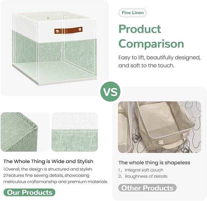 13x13 Storage Cubes 4-Pack, Large Foldable Fabric Cube Storage Bin with Reinforced Bottom and Labels, Organizer Baskets for Shelves, Closets(White/Green)