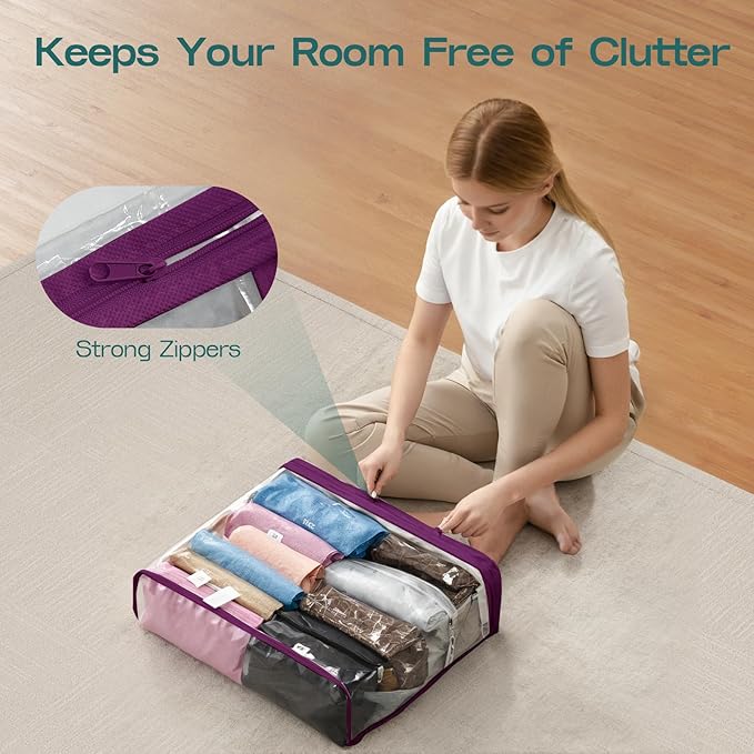 10PACK Clear Zippered Storage Bags for Clothes, 22L Clear Storage Bag, and Blanket Storage Bags for Bedding, Linen, Blankets, Comforters, Clothing & Toys (Purple)
