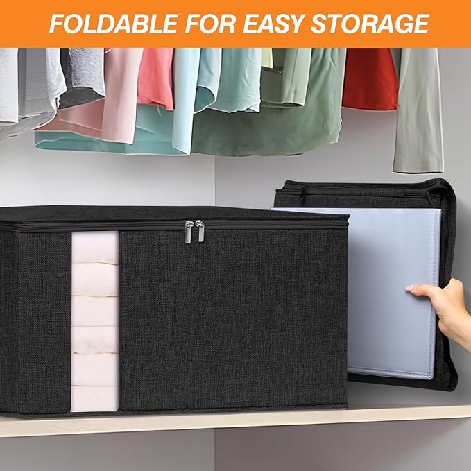 punemi 2 Pack Clothes Storage, Sturdy Blanket Storage Bags with Side Bottom Support, Storage Containers for Organizing Bedroom Closet Clothing Comforter, Organization and Storage W/Lids Handle,Black