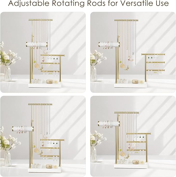 SZQINJI 5 Tier Jewelry Holder Organizer, Gold Jewelry Stand with Velvet Bracelet Holder, Adjustable Height Jewelry Display for Necklaces, Bracelets, Earrings, Rings, Gift Idea for Women, White