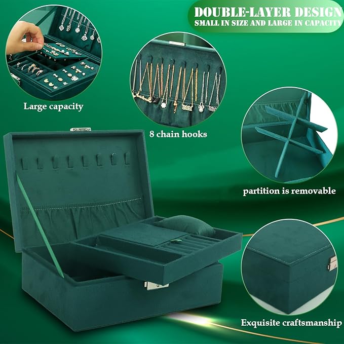 Nsmykhg Velvet Jewelry Box Organizer - 2 Pack Lockable 2 Layer Travel Case with Removable Tray, Jewelry Storage for Women & Men, Jewelry Display Case for Rings, Necklace, Earrings (Green)
