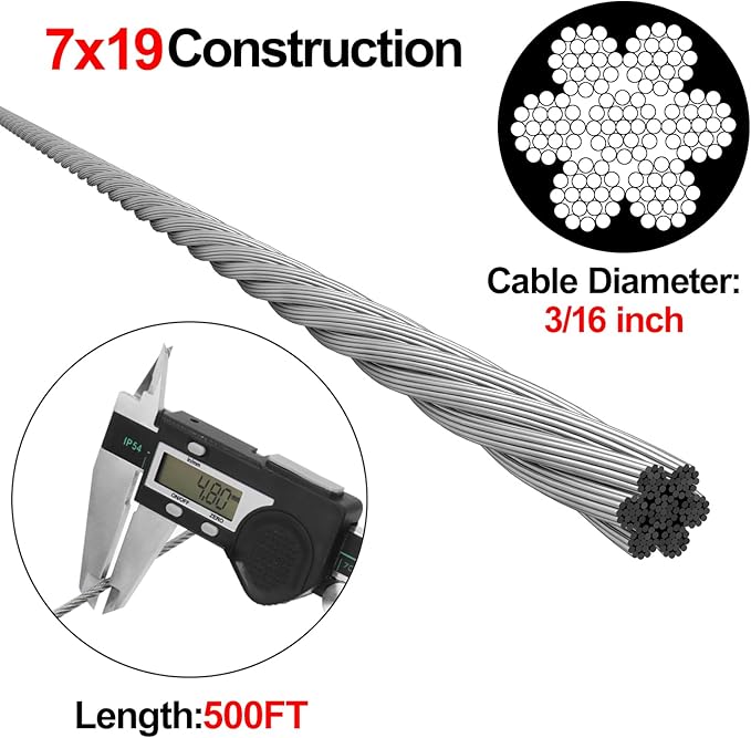 BLIKA 500FT 304 Stainless Steel Cable, Stainless Steel Decking Railing 3/16 inch with 7 x 19 Strand Construction, 3700lbs Breaking Strength Marine Grade for Rail, Deck, Clothesline and DIY Balustrade