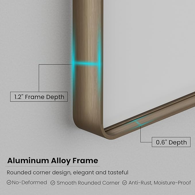 Bronze Bathroom Mirror 40x30 Inch, Brushed Bronze Metal Frame Mirror for Wall, Rounded Rectangle Bathroom Vanity Mirror with Tempered Glass, Anti-Rust, Horizontal/Vertical
