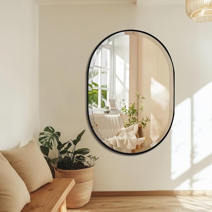POZINO Oval Beveled Mirror, 24"x36" Bathroom Mirror for Over Sink, Rounded Rectangle Mirrors, Modern Oblong Vanity Wall Mirrors in Premium Stainless Steel Frame Hangs Horizontal Or Vertical