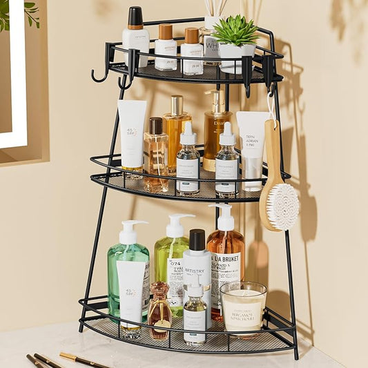 VITVITI 3 Tier Corner Bathroom Counter Organizer, Metal Bathroom Countertop Organizer Shelf Storage, Bath Room Sink Makeup Organizers for Vanity Skincare with Hooks, Black