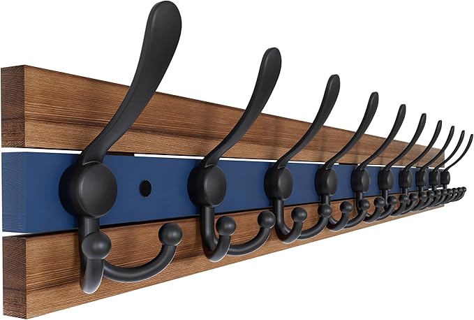 SKOLOO Rustic Wall Mounted Coat Rack - 38-1/8" Long Coat Hooks for Wall with 10 Triple Hooks for Hanging Coats, Hats or Tools, Western National Parks Collection, Wood Brown & Blue