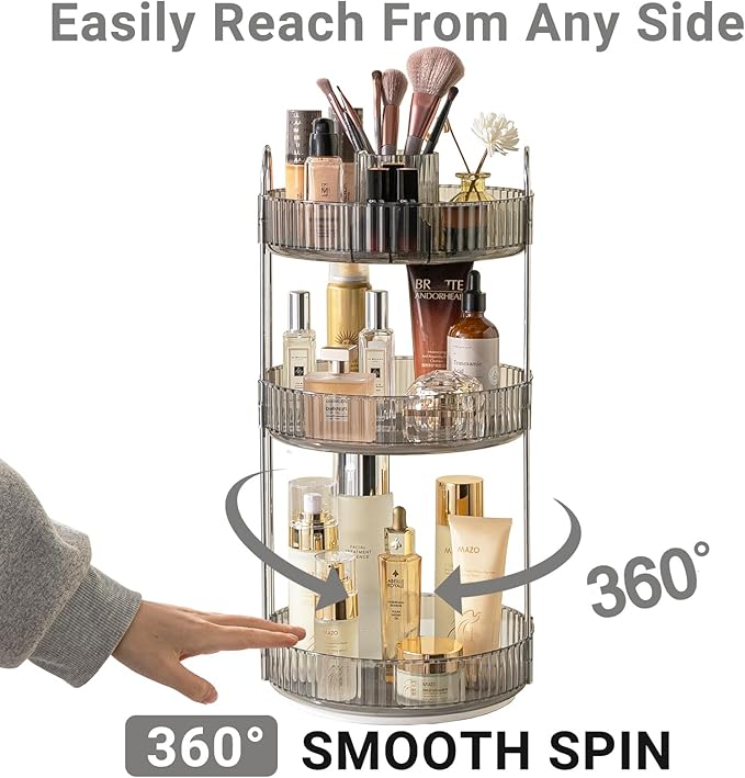 360 Rotating Makeup Organizer,3 Tier Large Capacity Make Up Organizers and Storage,Skincare Perfume Vanity Organizers,Bathroom Cosmetics Storage Organizer Countertop(Grey)