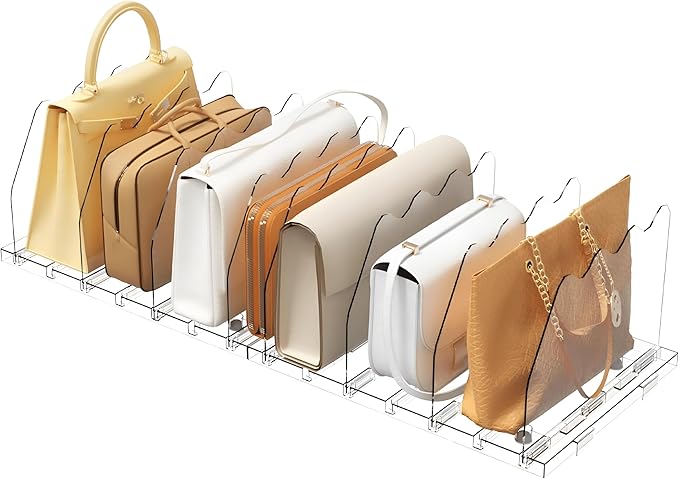 2 Pack Clear Bag & Purse Organizer for Closet - Adjustable Shelf Dividers for Closet Organizer - Clear Bag Storage Separator Rack for Handbag, Clothes Clutch, Tote, Book in Bedroom, Office