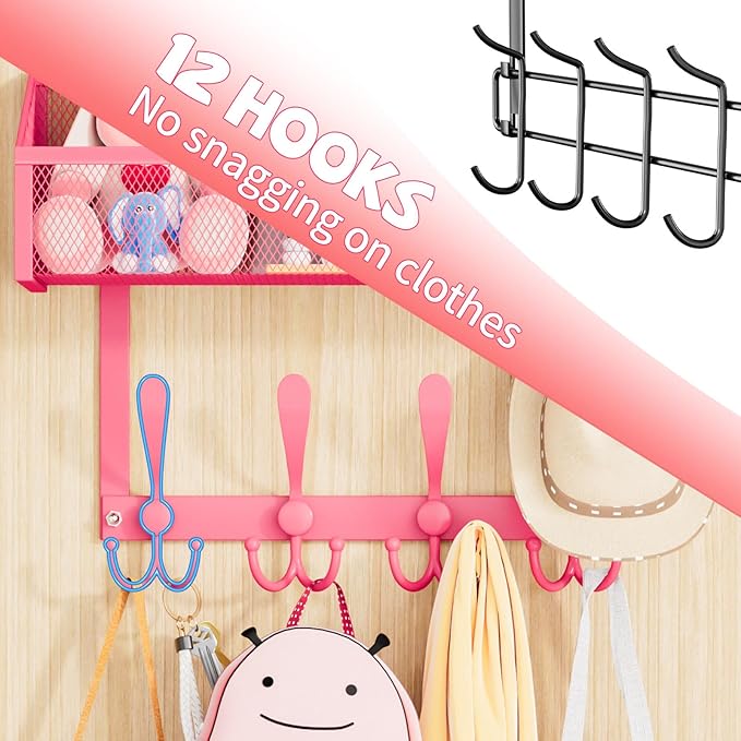 Over The Door Hooks Organizer, Coat Rack Over The Door Storage Hanger Towel Rack, Back of Door Storage Organizer for Bathroom,Bedroom,Kitchen,Office (Pink, 2-Tier)