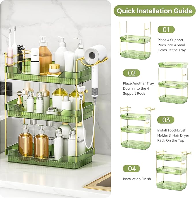 Bathroom Counter Organizer with Hair Dryer Holder and Toothbrush Holder, Acrylic Vanity Tray for Skincare, Perfume, Makeup Storage on Countertop ＆ Dresser (Green, 3-Tier)