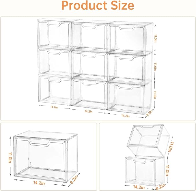 Purse Organizer for Closet,Clear Acrylic Display Case for Handbag Organizer, Purse Storage Box with Magnetic Door, Plastic Storage Bins for Book, Collectibles, Cosmetic (9 Pack)