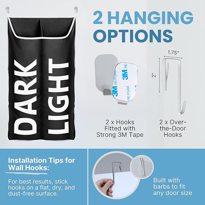 Hanging Laundry Hamper Bag XL, Space Saving over the Door Storage Bags, Behind the Door Hampers for Dirty Clothes & Wall Mounted Basket for Bathroom (Black, Double Compartment)