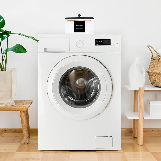 Dryer Sheet Holder with 30 waterproof Labels, Acrylic made tissue box holder with black bamboo lid, Acrylic Container Storage Box for Laundry Room Organization, Holds Sheets, Balls (Black)