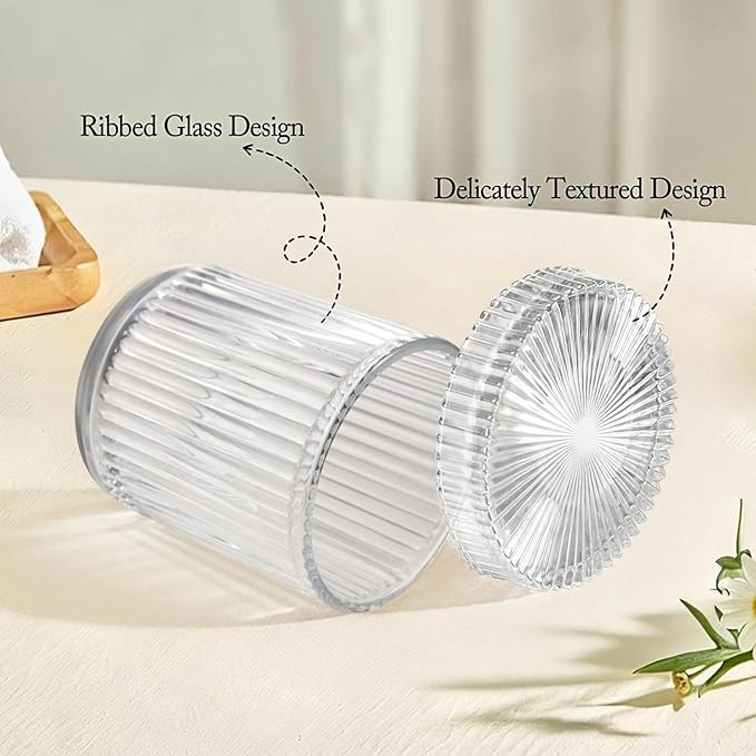 SheeChung 2-Pack Ribbed Glass Apothecary Jars - Clear Qtip Holder Dispenser Set - Vintage Bathroom Vanity Organizer for Cotton Swabs, Balls, Pads, Floss Picks - Modern Farmhouse Decor