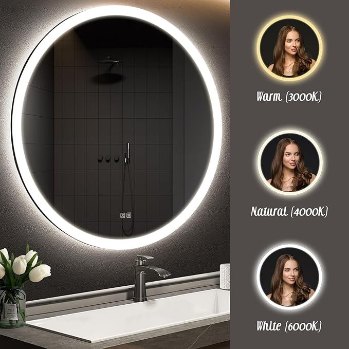APRILSOUL 24 Inch Round LED Bathroom Vanity Mirror with Front and Backlit, Led Mirror with Anti-Fog, 3 Colors and Dimmable Light