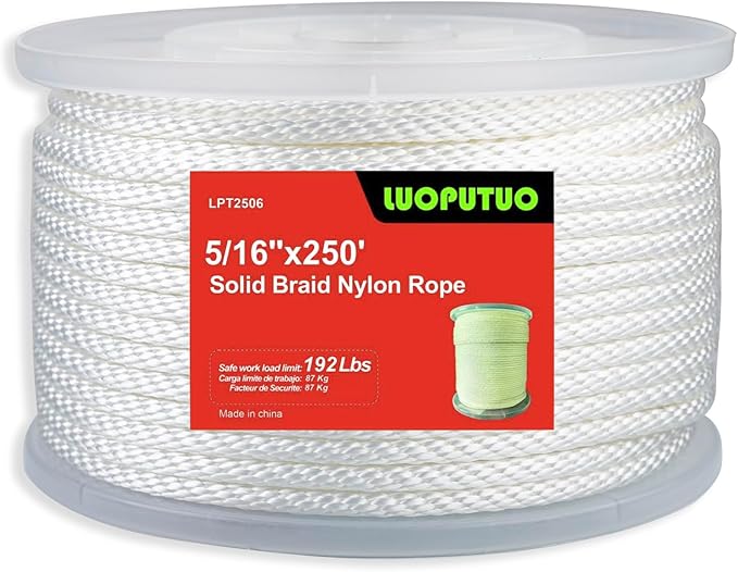 5/16 Inch 250ft White Nylon Solid Braid Rope | High UV & Abrasion Resistance | Industrial Grade, Low Stretch | Multipurpose for Flag Poles, Clotheslines
