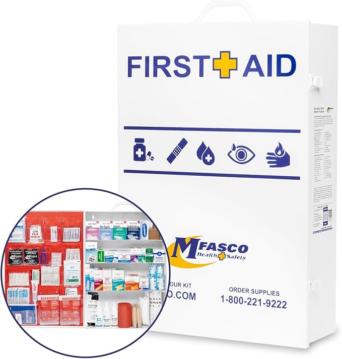 MFASCO Workplace Metal First Aid Kit - 4 Shelf Wall Mount Cabinet with Medications - Large Metal First Aid Box for Office with Supplies - Commercial Grade for Businesses - Emergency Preparedness