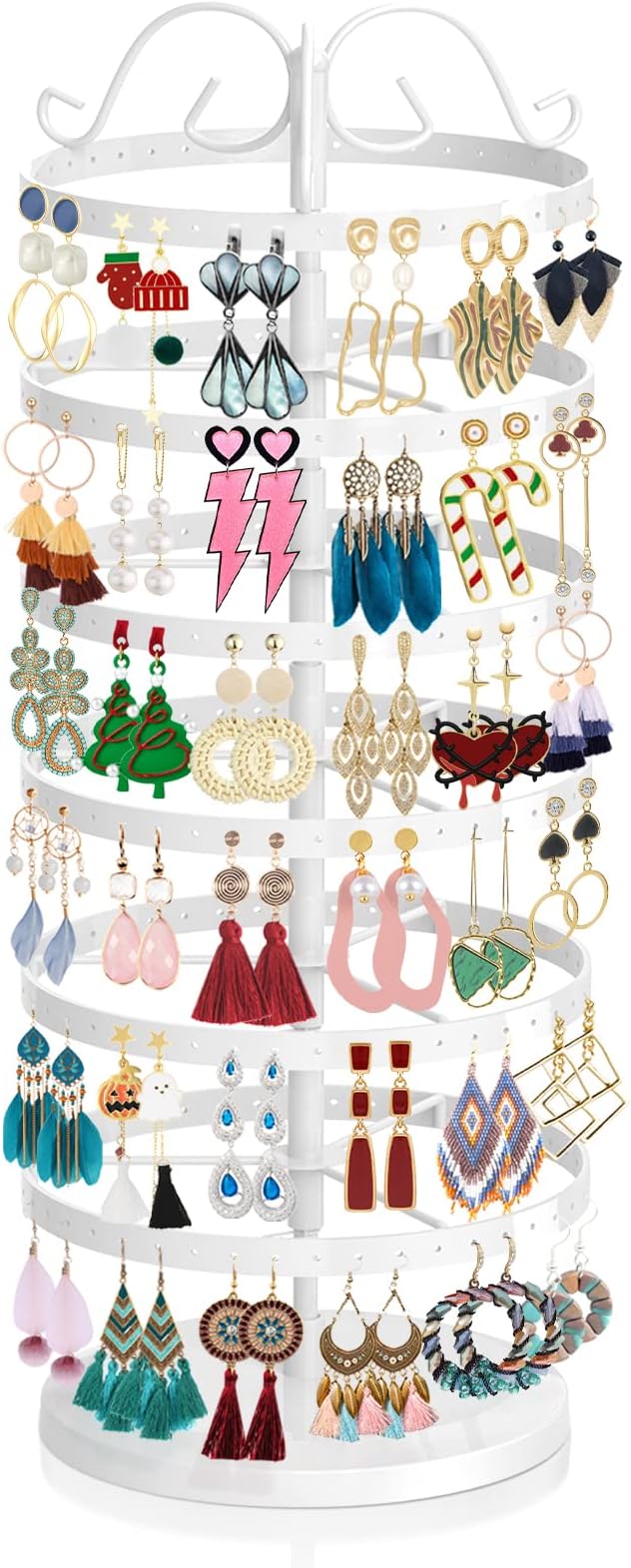 iDavosic.ly 6 Tier Metal Rotating Earring Holder Organizer, 264 Holes Large Stud Storage Display Stands Tree Rack, Adjustable Pierced Hoop Dangle Tower for Women, White