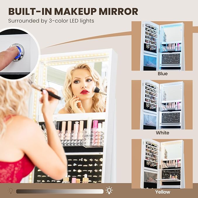 CHARMAID Swivel LED Mirror Jewelry Cabinet Armoire, Full Length Mirror with Storage, 3 Color & Adjustable Lights, Lockable Standing Jewelry Organizer with Lighted Mirror (White)
