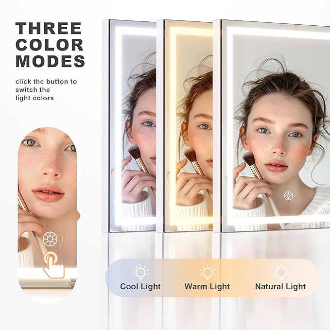 Hasipu Vanity Mirror with Lights and Bluetooth Speaker, 10.6" x 13.8" LED Makeup Mirror with 10X Magnification, Smart Touch 3 Colors Dimmable, Brightness Adjustment, 360° Rotation, White
