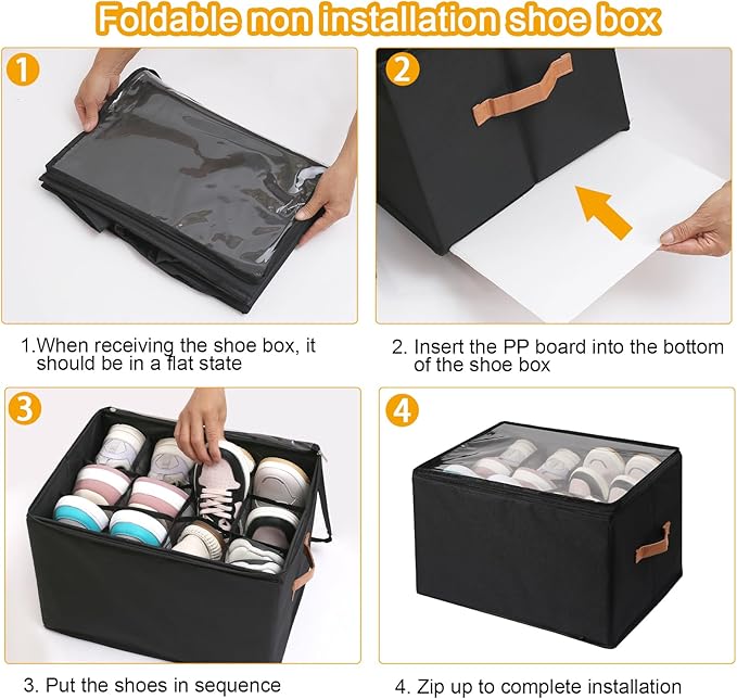 Shoe Organizer for Closet 2 PCS Foldable Shoe Storage Organizer with Clear Cover, Fits up to12 pairs Shoes Organizer Box Bin With Bottom Support (black)