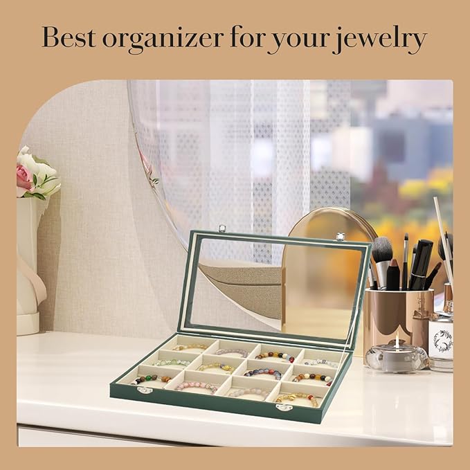 KOOAAICCHI Jewelry Tray Organizer with Clear Lid - 12 Grid Storage Display Case with Lock Earring Ring Organizer Showcase Gifts for Women-Green