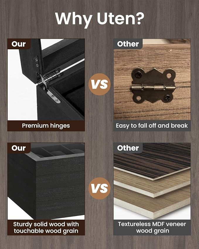 Uten 12-Slot Watch Box, 2-Layers Solid Wood Watch Display Case with Glass Lid, Watch Holder Organizer with Soft Pillow and Velvet Lining, Watch and Jewelry Storage Box, Black