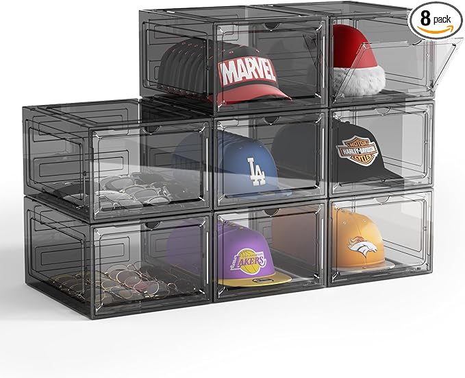 Hat Organizer Box for Baseball Caps, 8 Pack Clear Plastic Hat Storage Box Display Case with Magnetic Door, Caps Holder Rack for Closet, Snapback Organizer, Hold 8 Cap Each