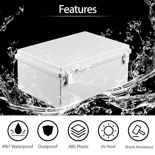 LeMotech Electrical Box, IP67 Waterproof Hinged Cover Stainless Steel Latch Junction Box, ABS Plastic Electrical Enclosure with Mounting Plate,Wall Brackets, Cable Glands,15.7"x11.8"x7.0",Grey