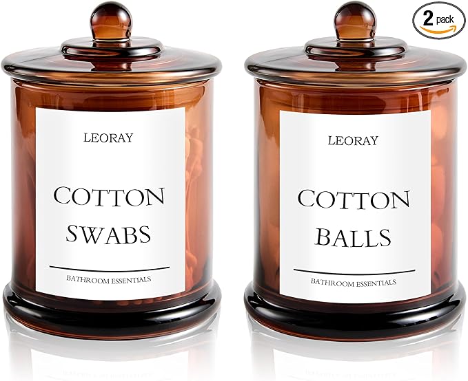 2 Pack Glass Qtip Holder Dispenser with Lids, Airtight Waterproof, 16 Oz Vanity Organizer Bathroom Canisters for Cotton Swabs, Balls, Pads, Floss Picks, Restroom Kitchen Storage Jars, Amber