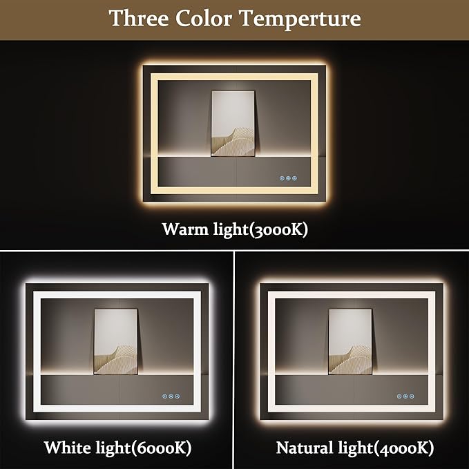 led Bathroom Mirror with Lights 24x36 inch,led Wall Mirror,Mirror led,Anti-Fog,UL Listed (Backlit and Front Lighted)
