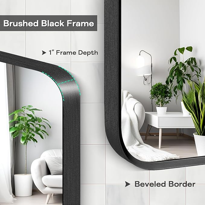 Black Metal Framed Bathroom Mirror for Wall, Large Brushed Matte Black Rounded Corner Rectangular Bathroom Vanity Mirror, Anti-Rust, Tempered Glass (28" x 36", Black)