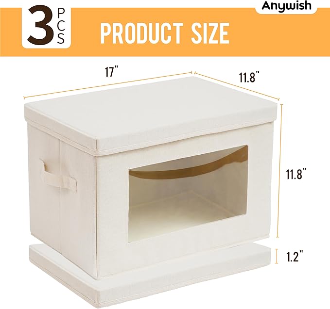 3-Pack Storage Bins with Lids, Fabric Foldable Storage Bins with Soft Cord Handles, Canvas Storage Bin with Lid for Organizing Clothes, Blankets and Books, Beige