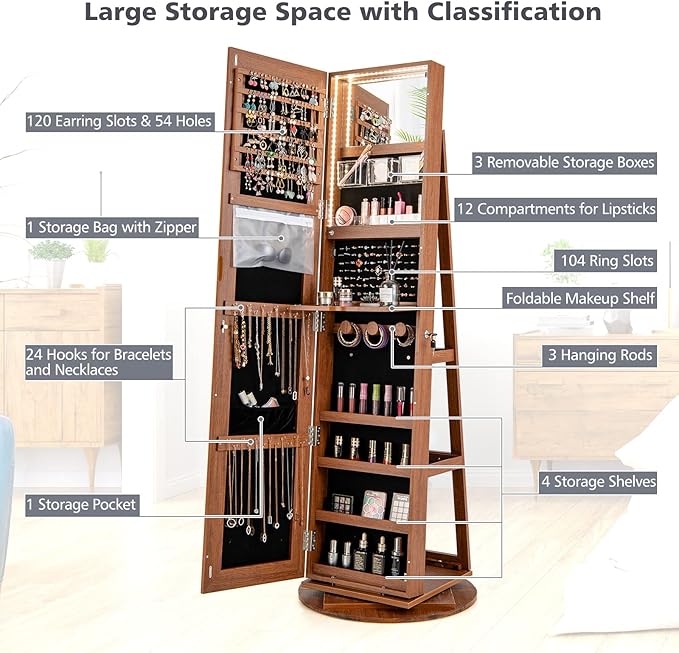 CHARMAID 360° Swivel Jewelry Armoire with Full Length Mirror, Rear Storage Shelves, Lockable Standing Jewelry Cabinet Organizer with Interior Vanity Mirror and 3-Color Lights (Walnut)