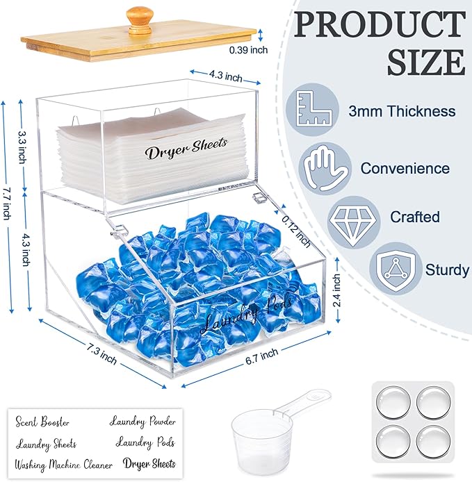 2 In 1 Laundry Pods Container & Dryer Sheet Holder, Acrylic Dryer Sheet Container with Bamboo Lid, Clear Dishwasher Pod Holder with Stickers for Laundry Room, Kitchen, Home