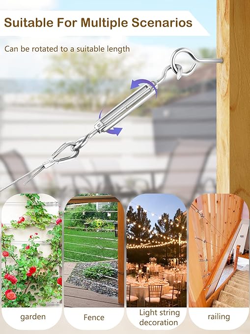 TooTaci 3/16 Wire Rope Kit, 100ft Vinyl Coated Stainless Steel Cable(1/8 Steel Core Overmolded to 3/16 Coated Cable), M6 Turnbuckles for Cables Wire, String Light Hanging, Clothesline, Shade Sail