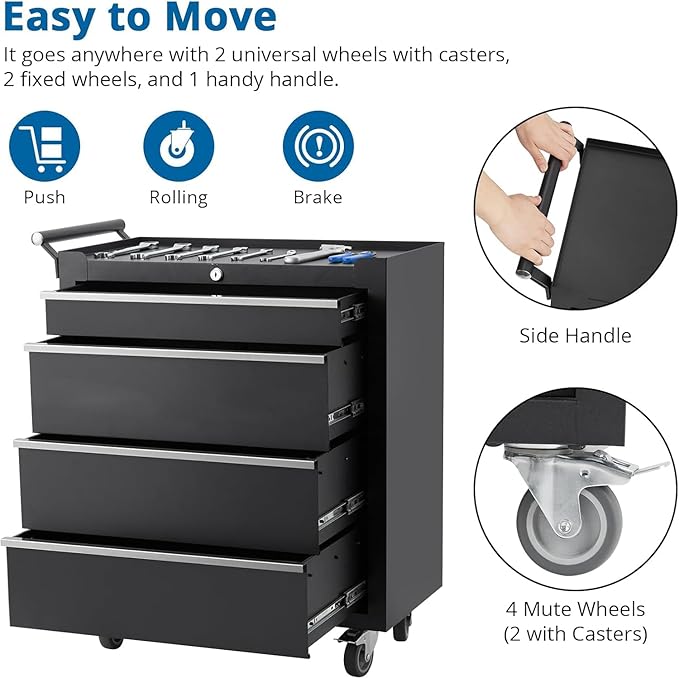 Rolling Tool Box with Wheels, 4 Drawer Tool Storage Cabinet, Portable Toolbox Organizer with Lock, Heavy Duty Tool Chest Cart for Garage, Mechanic, Workshop, Shop, Mobile Tool Organizer, Black