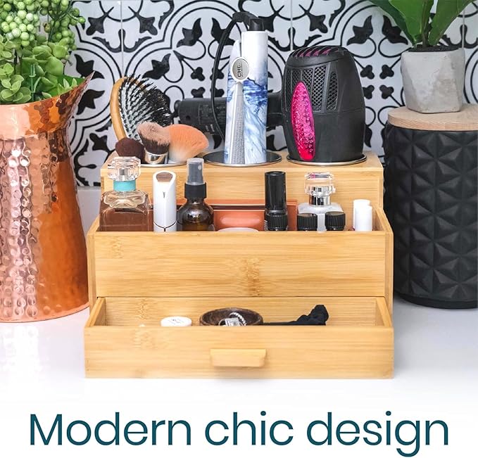 Hair Tool Storage Organizer, Bamboo Hair tool organizer for Bathroom, Kitchen and Makeup,Hair organizer storage Perfect for Storing Blow Dryer, Straightener and Brush