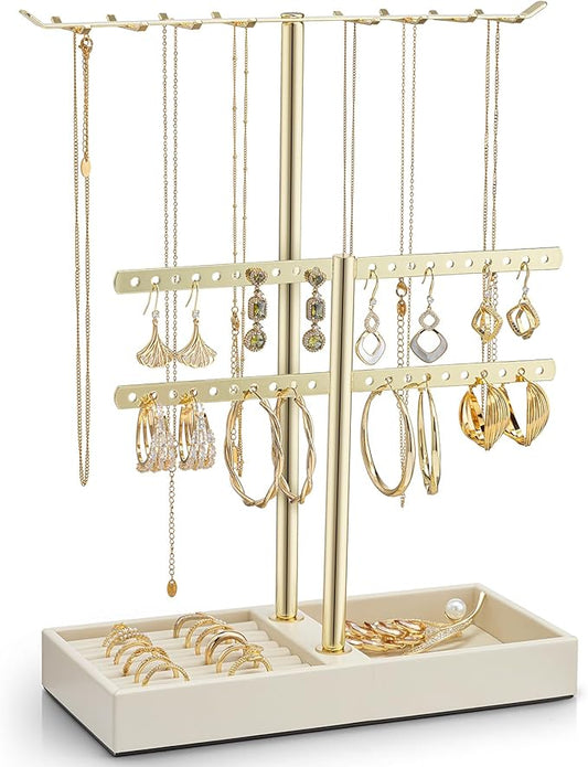 Vlando 2 Tier Jewelry Stand Organizer with Tary, Leather Jewelry Holder Display for Women, Gold Jewlery Holder Stand for Necklace, Earring, Bracelet, Rings - Cloud White