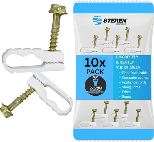 Coaxial Cable Clips - Cable Holder - Wire Clips - Siding Clips for Hanging - Cord Holder for Desk - Cable Clamps - Cord Clip - Wire Organizer Clips - Tv Mount Screws - White - 10 Pack - STEREN