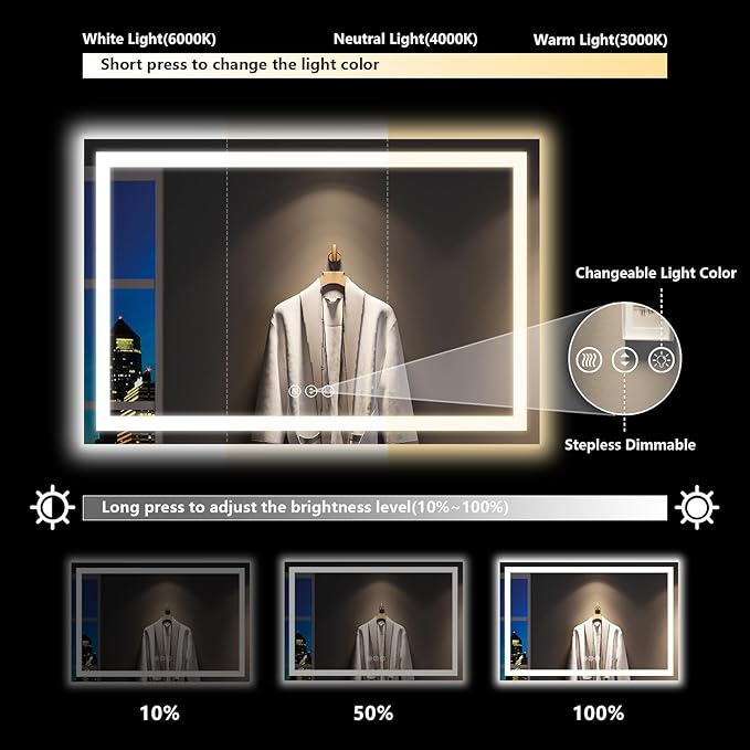 55x30 Inch LED Bathroom Mirror with Lights Front and Backlit Lighted Vanity Mirror for Bathroom Wall with 3 Colors Dimmable Anti-Fog Memory Shatter-Proof IP54 Waterproof Horizontal/Vertical