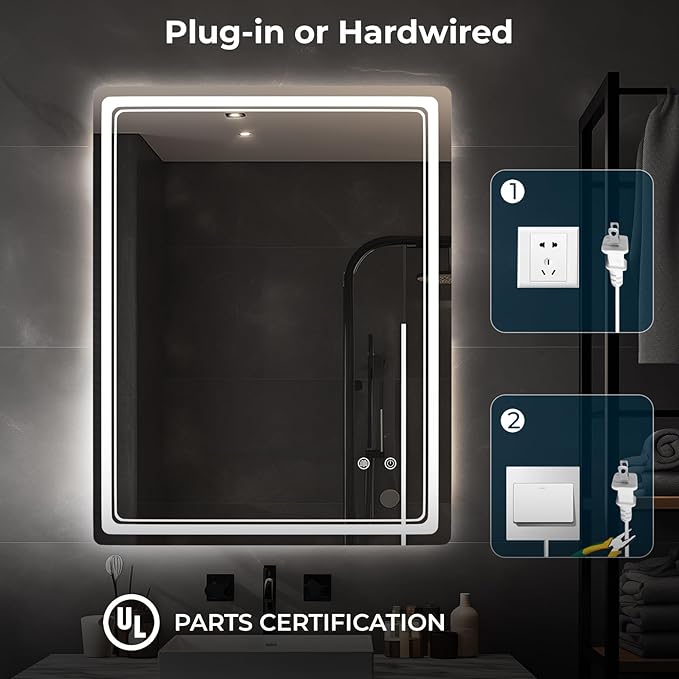 WallBeyond LED Bathroom Mirror with Lights, 28'' x 36'' Led Bathroom Vanity Mirror for Wall with Front and Backlit, Anti Fog Mirror for Bathroom, 3 Colors and Dimmable Light, Horizontal/Vertical