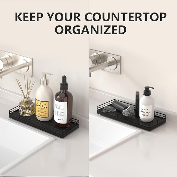 Bathroom Tray for Counter Top Organizer – Oak Wood Vanity Tray with Metal Frame for Dresser, Kitchen, Nightstand – Black Decorative Storage