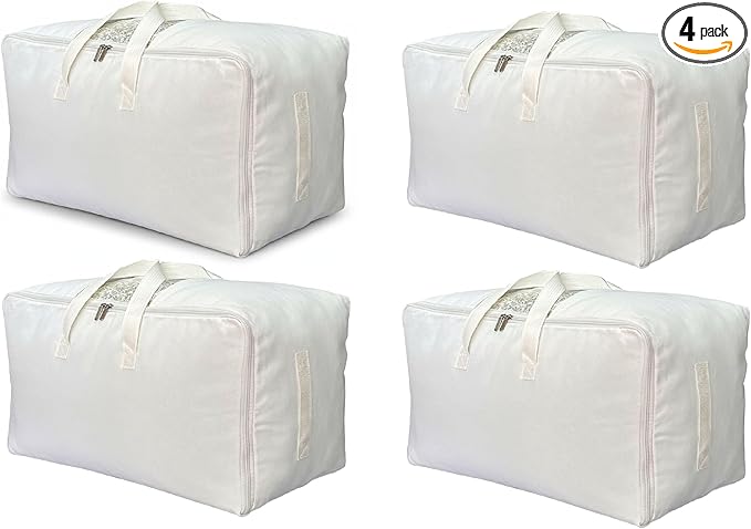 Soft Canvas Clothes Storage Bags with Four Carrying Handles and Clear Window, Closet Organizer for Clothing, Blankets Sheets Pillows and Bedding, 55L, 4 Pack, White