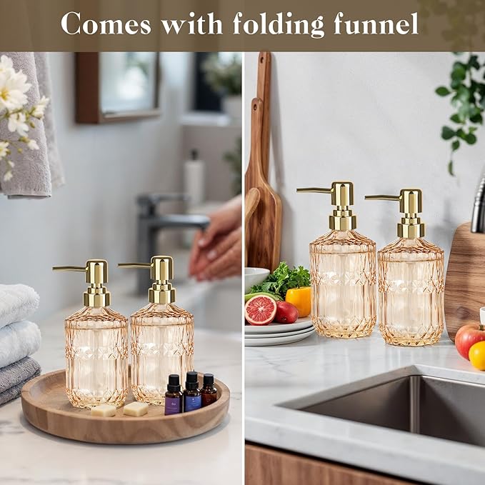 6 Pack Glass Soap Dispenser with Pump 15.2 oz Refillable Liquid Hand Soap Dish Soap Dispensers Vintage Soap Dispenser Liquid Bottle for Kitchen Sink Bathroom Counter(Gold,Gold Pump Head)