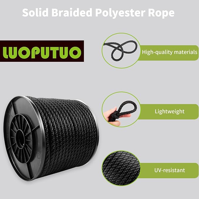 3/8 Inch 200FT Black Polyester Solid Braid Rope | High UV & Abrasion Resistance | Industrial Grade, Low Stretch | Multipurpose for Flag Poles, Clotheslines