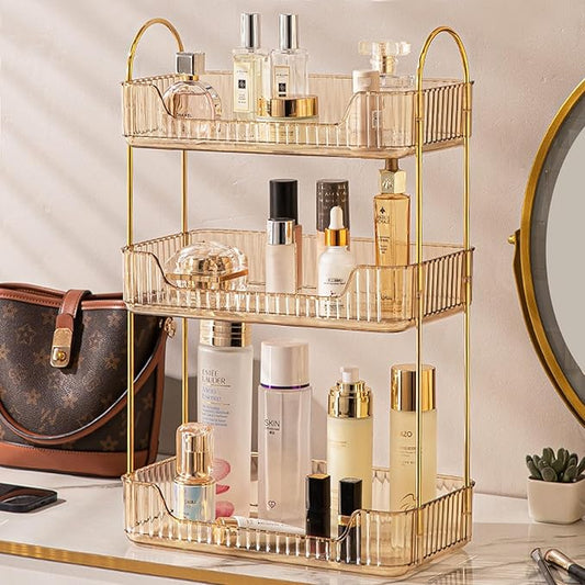 Bathroom Counter Organizer Countertop, 3 Tier Makeup Perfume Shelf Storage, Skincare Cosmetic Tray for Dresser Vanity - Gold