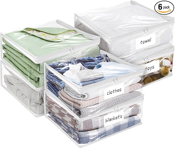 Plastic Storage Bags with Easy-Glide Zipper, Pack of 6, Durable Clear Vinyl Zippered Storage Bags for Clothes Sweaters Comforters Blankets Sheets Bedding (18 x 15 x 4 Inch)