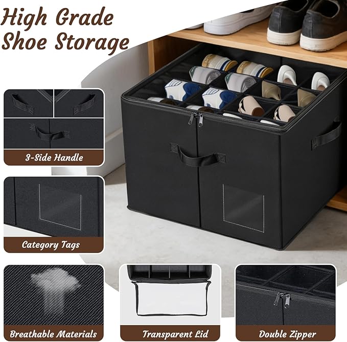 Shoe Storage Organizer, Fits 16 Pairs, Closet Shoe Box with Adjustable Dividers & Transparent Lid, Foldable Fabric Shoe Container with Handles for Space-Saving Shoe Storage (Black)
